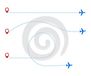 Airplane travel concept. Plane with start point and route dash line on white background. Vector illustration.